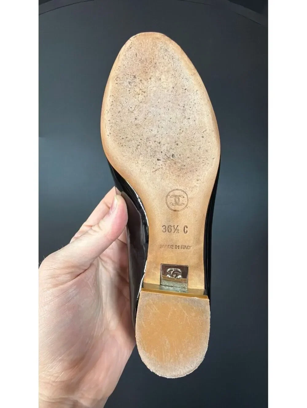 Chanel Black Metallic Peep Toe Patent Flats Size 36.5